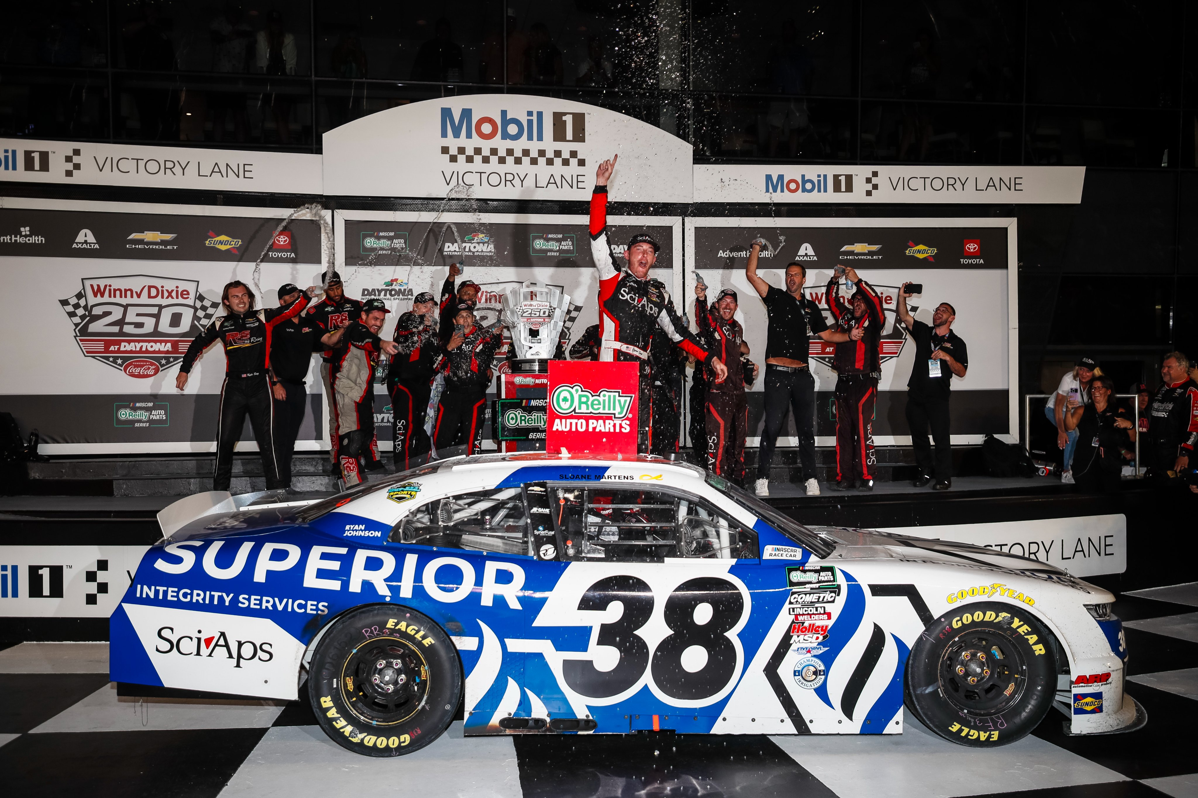 Ryan Sieg and the RSS Racing team celebrate in Mobil 1 Victory Lane after winning the Winn-Dixie 250 at Daytona in the Superior Integrity Services No. 38 Chevrolet.