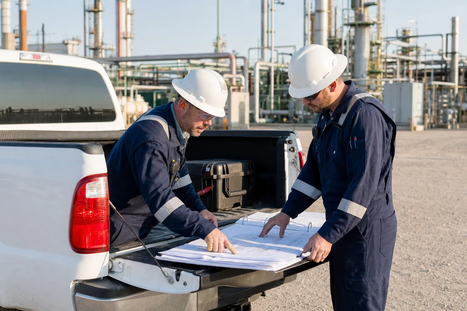 Inspection crew reviewing safety plan before work begins