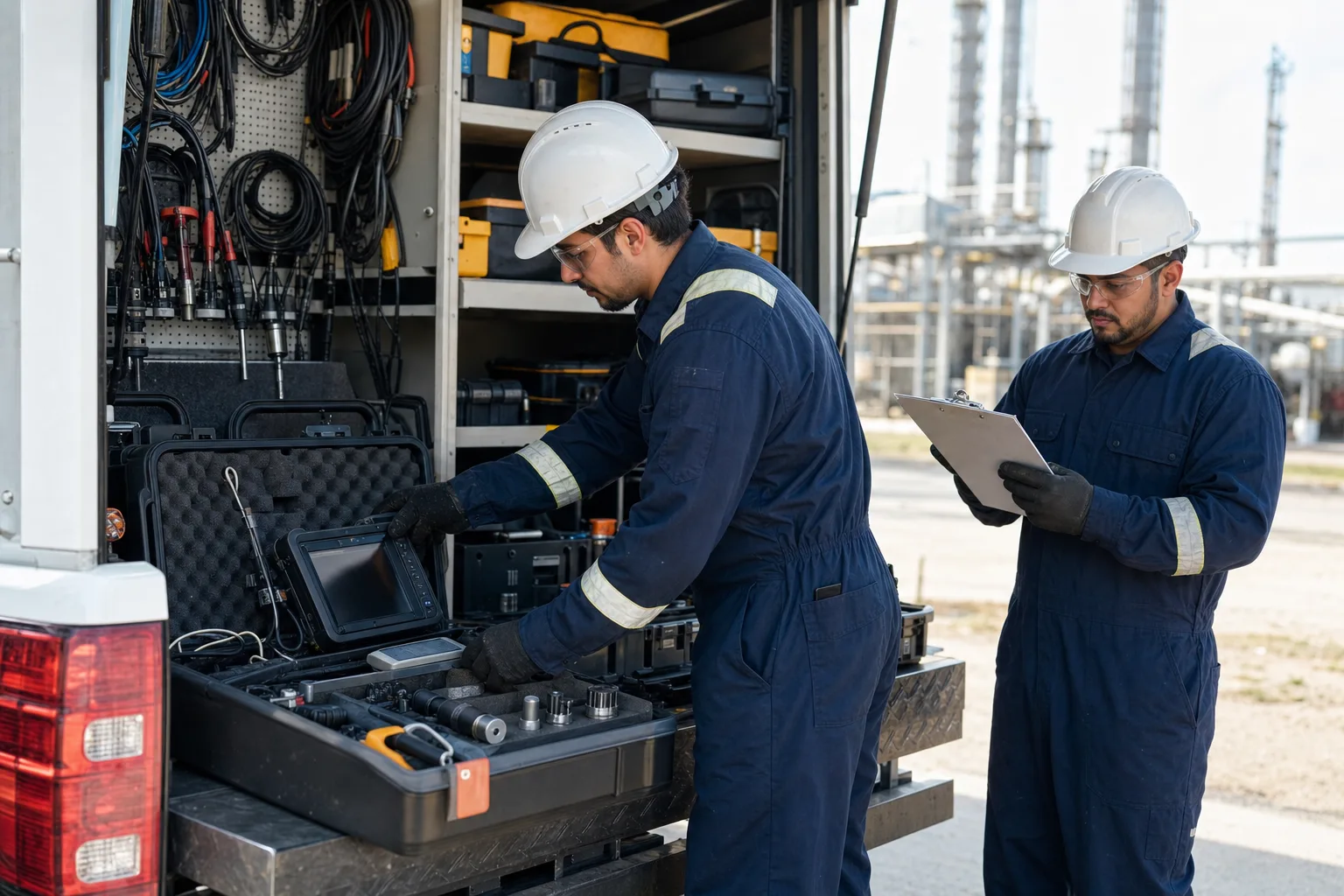 Certified NDT crew preparing equipment for inspection